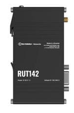 路由器 Industrial Ethernet Router, RS232 serial interface, 2 x Ethernet ports, DIN rail, and an industrial 3-pin connector, RutOS, Wi-Fi 4, Modbus, DLMS, DNP3, and OPC UA, RMS.